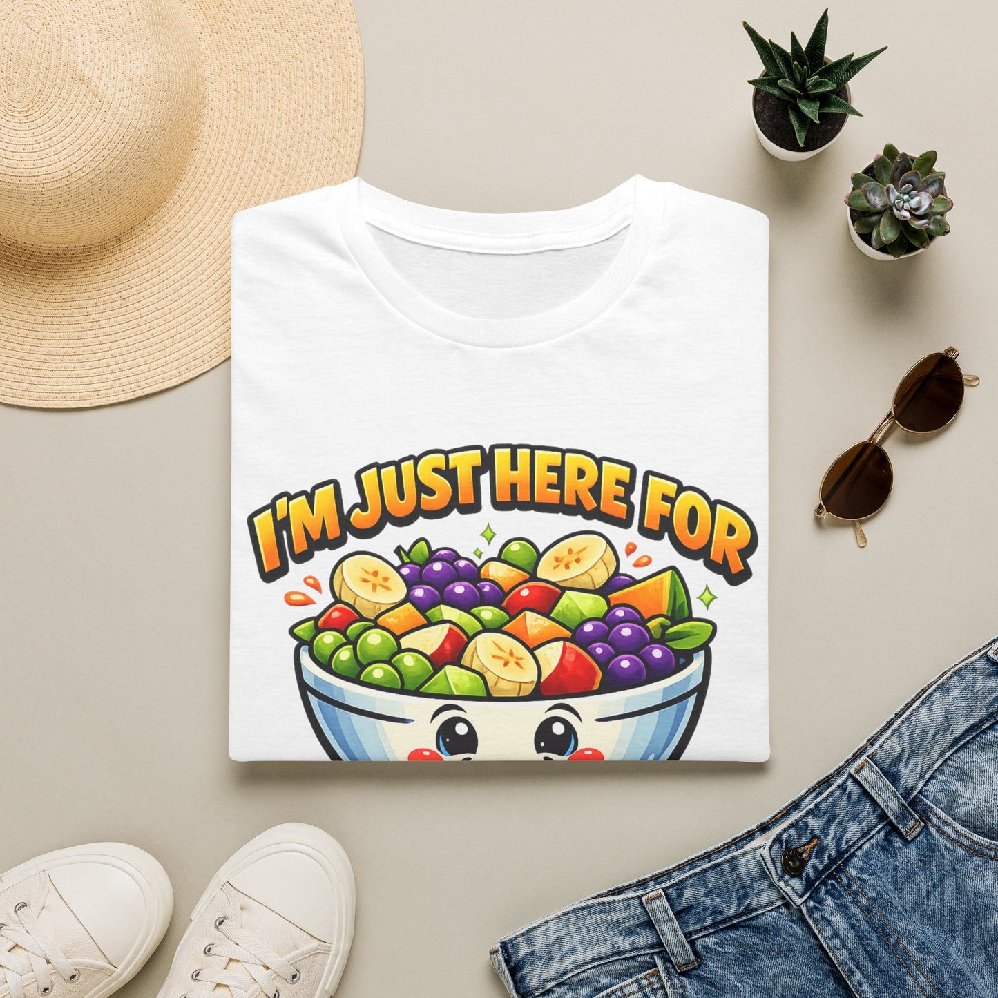 Fruit Salad Graphic T-Shirt — "I'm Just Here For The Fruit Salad" Cute Kawaii Bowl Tee