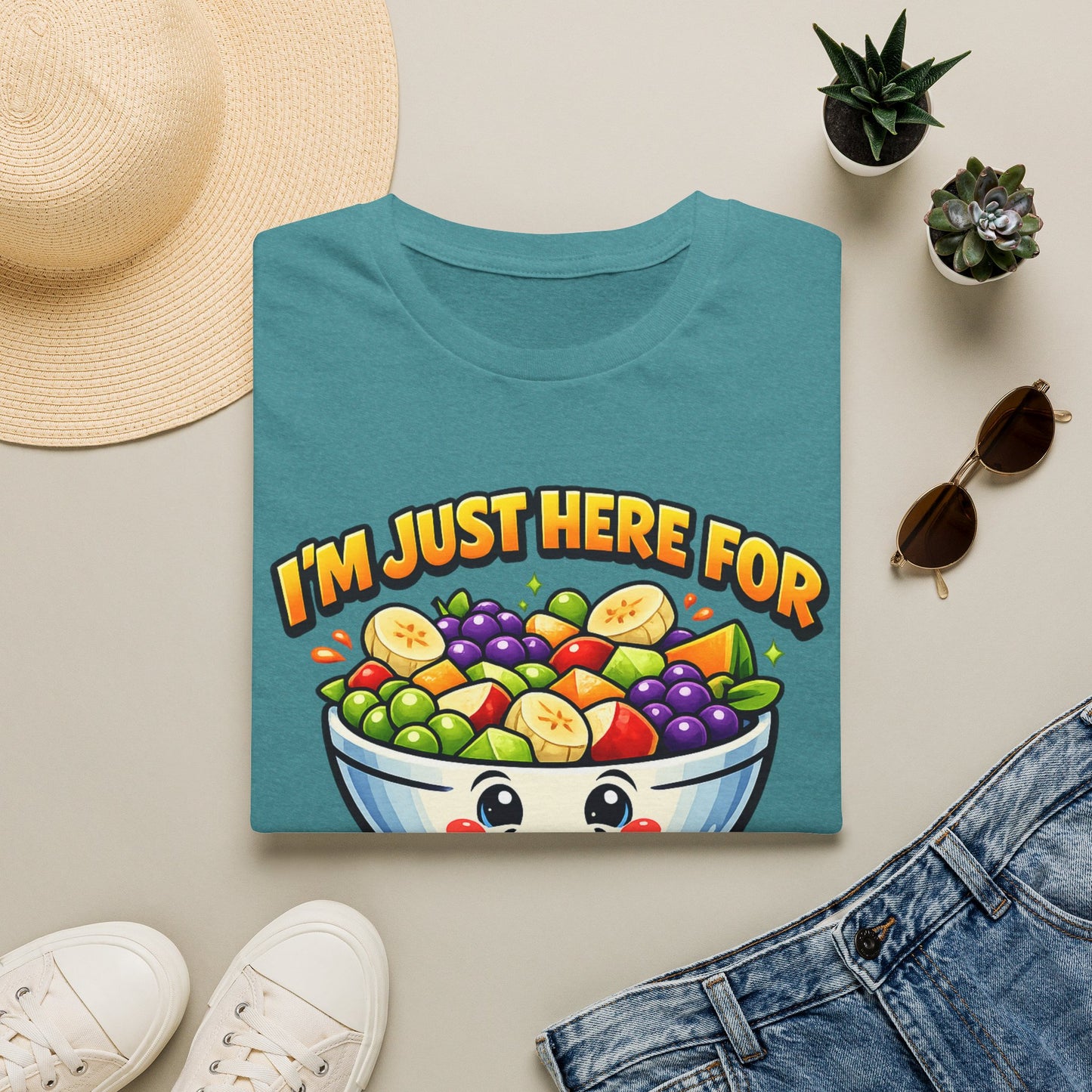 Fruit Salad Graphic T-Shirt — "I'm Just Here For The Fruit Salad" Cute Kawaii Bowl Tee
