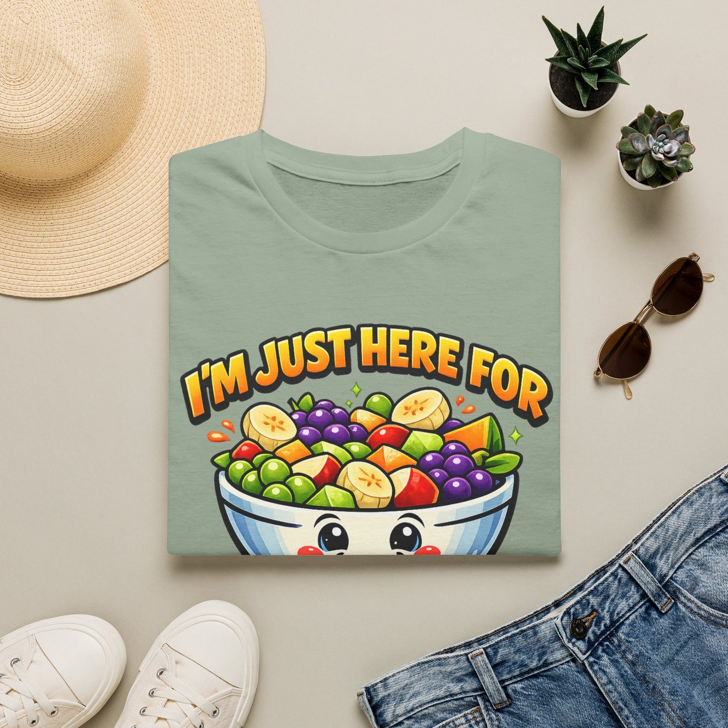 Fruit Salad Graphic T-Shirt — "I'm Just Here For The Fruit Salad" Cute Kawaii Bowl Tee